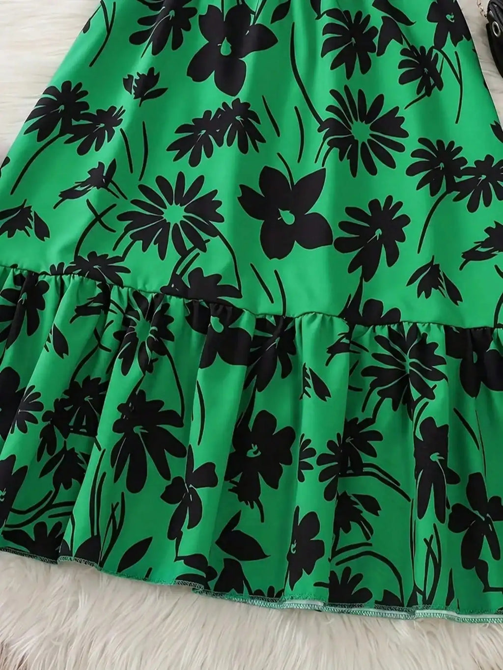 Chic teenage girl green floral long skirt with belt - casual round neck ruffle sleeves, perfect for summer, teenage jumpsuit